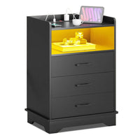 Sikaic Nightstand LED Nightstand with Charging Station 3 Drawers Black Black / Modern
