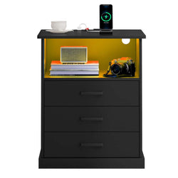 Sikaic Nightstand LED Nightstand with Charging Station 3 Storage Drawers Black Black / Modern