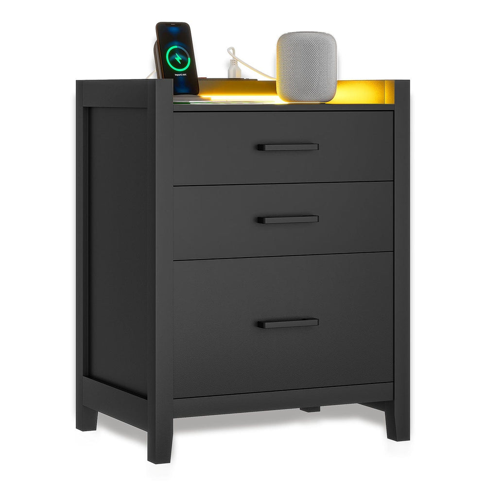 Sikaic Nightstand LED Nightstand with USB Ports and Outlets 3 Drawers Black Black / Modern