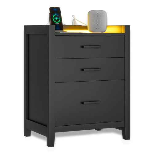 Sikaic Nightstand LED Nightstand with USB Ports and Outlets 3 Drawers Black Black / Modern