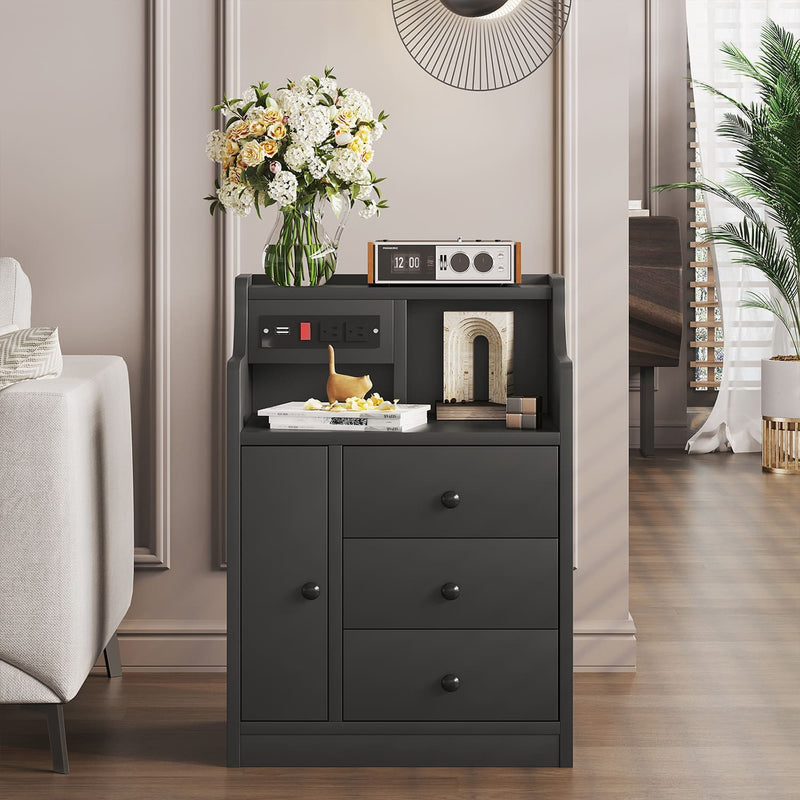 Sikaic Nightstand Nightstand with Charging Station Drawers Black