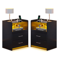 Sikaic Nightstand 2 Pack LED Nightstand with 2 Storage Drawers Black Black / Tempered Glass / Modern