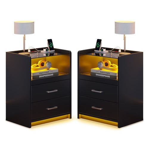 Sikaic Nightstand 2 Pack LED Nightstand with 2 Storage Drawers Black Black / Tempered Glass / Modern