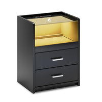 Sikaic Nightstand LED Nightstand with Charging Station Drawers Black Black / Tempered Glass / Modern