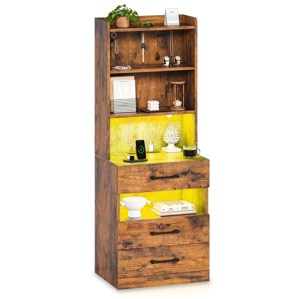 Sikaic Nightstand LED Tall Nightstand with Bookshelf Brown Brown / Engineered Wood / Modern