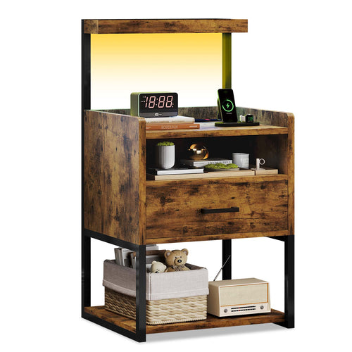 Sikaic Nightstand LED Nightstand with Charging Station Brown Brown / Metal / Modern