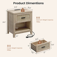 Sikaic Nightstand 22 inch Rattan Nightstand with Charging Station Grey Oak Grey / Engineered Wood / Boho