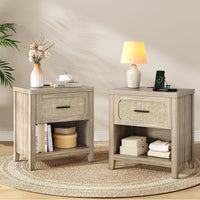 Sikaic Nightstand 22 inch Rattan Nightstand with Charging Station Grey Oak Grey / Engineered Wood / Boho