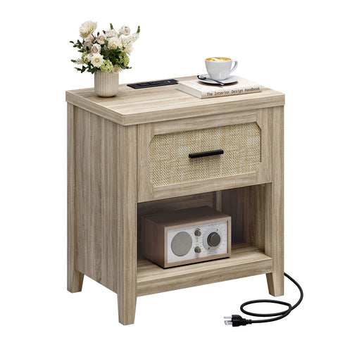 Sikaic Nightstand 22 inch Rattan Nightstand with Charging Station Grey Oak Grey / Engineered Wood / Boho