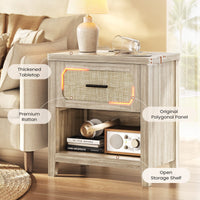 Sikaic Nightstand 22 inch Rattan Nightstand with Charging Station Grey Oak Grey / Engineered Wood / Boho