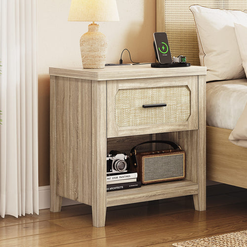 Sikaic Nightstand 22 inch Rattan Nightstand with Charging Station Grey Oak Grey / Engineered Wood / Boho
