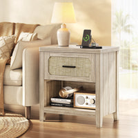 Sikaic Nightstand 22 inch Rattan Nightstand with Charging Station Grey Oak Grey / Engineered Wood / Boho