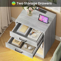 Sikaic Nightstand 2Pcs LED Nightstands with Charging Station Power Outlets and Drawers Grey Grey / Engineered Wood / Modern