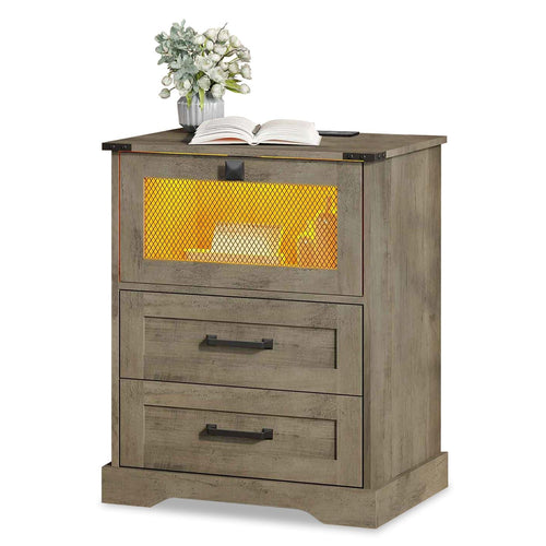 Sikaic Nightstand LED Nightstand with 2 Drawers Oak Grey Grey / Engineered Wood / Modern