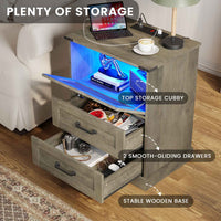Sikaic Nightstand LED Nightstand with Charging Station 2 Drawers and Open Cubby Rustic Oak Grey Grey / Engineered Wood / Modern