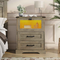 Sikaic Nightstand LED Nightstand with Charging Station 2 Drawers and Open Cubby Rustic Oak Grey Grey / Engineered Wood / Modern