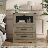 Sikaic Nightstand LED Nightstand with Charging Station 2 Drawers and Open Cubby Rustic Oak Grey Grey / Engineered Wood / Modern