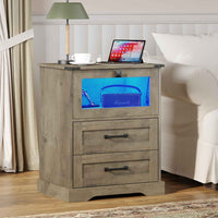 Sikaic Nightstand LED Nightstand with Charging Station 2 Drawers and Open Cubby Rustic Oak Grey Grey / Engineered Wood / Modern