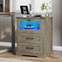 Sikaic Nightstand LED Nightstand with Charging Station 2 Drawers and Open Cubby Rustic Oak Grey Grey / Engineered Wood / Modern