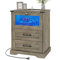 Sikaic Nightstand LED Nightstand with Charging Station 2 Drawers and Open Cubby Rustic Oak Grey Grey / Engineered Wood / Modern