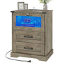 Sikaic Nightstand LED Nightstand with Charging Station 2 Drawers and Open Cubby Rustic Oak Grey Grey / Engineered Wood / Modern
