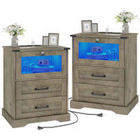 Sikaic Nightstand LED Nightstand with Charging Station 2 Drawers and Open Cubby Rustic Oak Grey Grey / Engineered Wood / Modern
