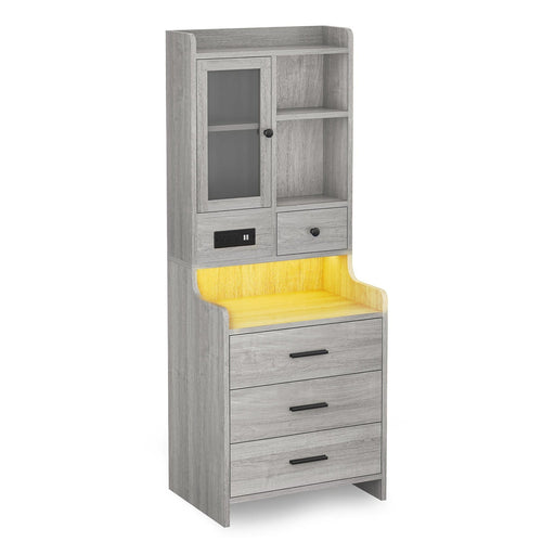 Sikaic Nightstand LED Tall Nightstand with Glass Door Storage Grey Grey / Glass / Modern