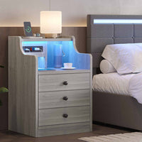 Sikaic Nightstand LED Nightstand with Hutch Drawers Charging Station Grey