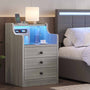 Sikaic Nightstand LED Nightstand with Hutch Drawers Charging Station Grey