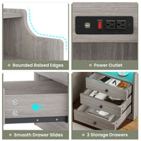 Sikaic Nightstand LED Nightstand with Hutch Drawers Charging Station Grey