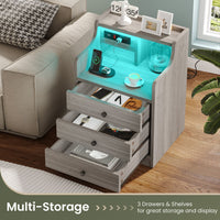 Sikaic Nightstand LED Nightstand with Hutch Drawers Charging Station Grey