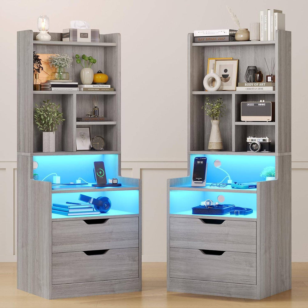 Sikaic Nightstand 2PCS LED Nightstand with Bookshelf Charging Station Grey Grey / Modern