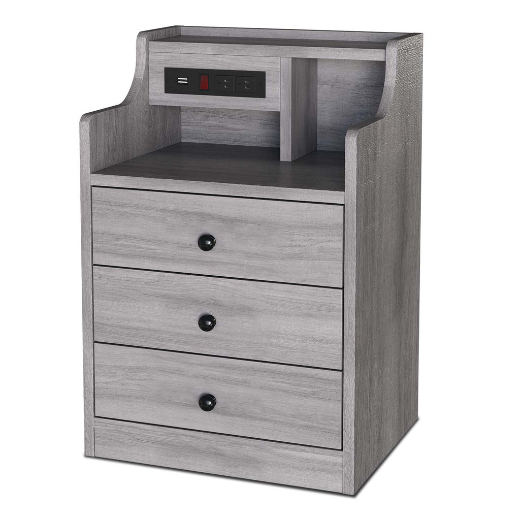 Nightstand with Charging Station & Hutch and 3 Drawers Grey