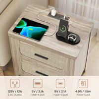 Sikaic Nightstand 22 inch Rattan Nightstand with Charging Station & 2 Storage Drawers Grey Oak Grey Oak / Engineered Wood / Boho