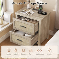 Sikaic Nightstand 22 inch Rattan Nightstand with Charging Station & 2 Storage Drawers Grey Oak Grey Oak / Engineered Wood / Boho