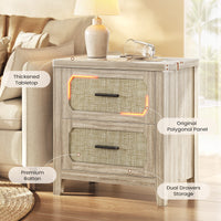 Sikaic Nightstand 22 inch Rattan Nightstand with Charging Station & 2 Storage Drawers Grey Oak Grey Oak / Engineered Wood / Boho
