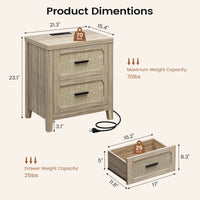 Sikaic Nightstand 22 inch Rattan Nightstand with Charging Station & 2 Storage Drawers Grey Oak Grey Oak / Engineered Wood / Boho