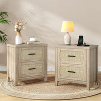Sikaic Nightstand 22 inch Rattan Nightstand with Charging Station & 2 Storage Drawers Grey Oak Grey Oak / Engineered Wood / Boho