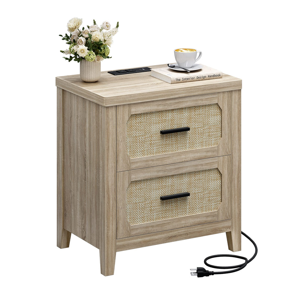 Sikaic Nightstand 22 inch Rattan Nightstand with Charging Station & 2 Storage Drawers Grey Oak Grey Oak / Engineered Wood / Boho