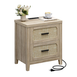 Sikaic Nightstand 22 inch Rattan Nightstand with Charging Station & 2 Storage Drawers Grey Oak Grey Oak / Engineered Wood / Boho