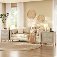 Sikaic Nightstand 22 inch Rattan Nightstand with Charging Station & 2 Storage Drawers Grey Oak Grey Oak / Engineered Wood / Boho