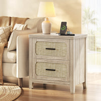 Sikaic Nightstand 22 inch Rattan Nightstand with Charging Station & 2 Storage Drawers Grey Oak Grey Oak / Engineered Wood / Boho
