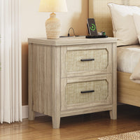 Sikaic Nightstand 22 inch Rattan Nightstand with Charging Station & 2 Storage Drawers Grey Oak Grey Oak / Engineered Wood / Boho
