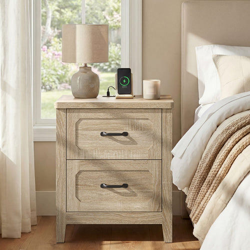 Sikaic Nightstand 22 Inch Farmhouse Nightstand with 2 Drawers Grey Oak Grey Oak / Engineered Wood / Farmhouse