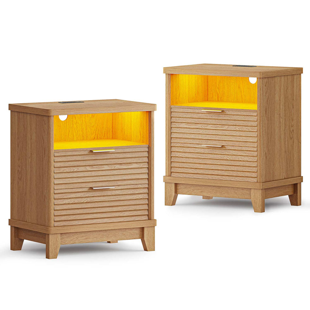 Sikaic Nightstand 2PCS Fluted Nightstand with Charging Station and Led Lights Natural Natural / Engineered Wood / Mid-Century