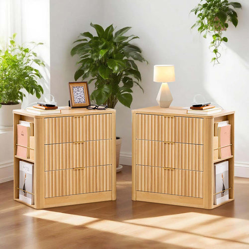 Sikaic Nightstand 2PCS Fluted Nightstand with Charging Station Natural Oak Natural / Engineered Wood / Modern