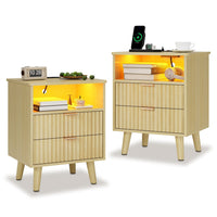 Sikaic Nightstand 2PCS LED Nightstand with Charging Station and Fluted Panel Natural Oak Natural / Engineered Wood / Modern
