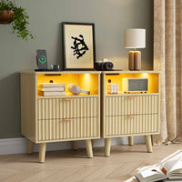 Sikaic Nightstand 2PCS LED Nightstand with Charging Station and Fluted Panel Natural Oak Natural / Engineered Wood / Modern