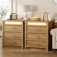Sikaic Nightstand 2PCS Nightstand with 3 Drawers and Led Lights Natural Natural / Engineered Wood / Modern