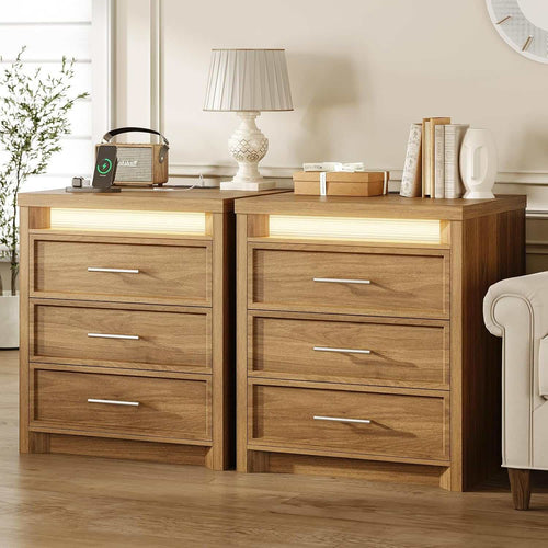 Sikaic Nightstand 2PCS Nightstand with 3 Drawers and Led Lights Natural Natural / Engineered Wood / Modern